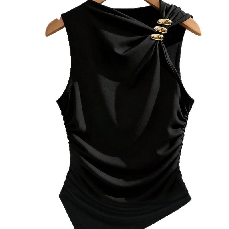 Simple Sleeveless Metal Ring Solid Color Thin Shirt Top Women