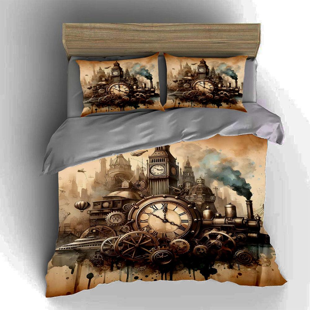 Steampunkowe miasto z mechanizmami Pościel Zestawy poszewek na kołdrę Poszewki na poduszki prezenty (1 * Poszewka na kołdrę 2 * Poszewki na poduszki, bez wkładu do kołdry)