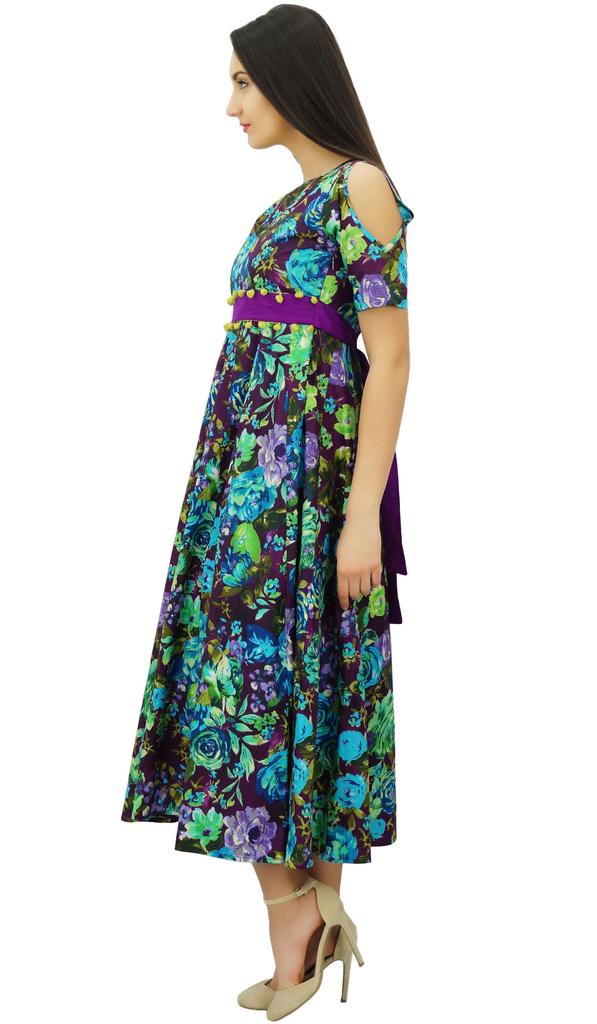 Bimba Women's Cotton Cold-Shoulder Long Dress With Pom Pom Chic Trendy