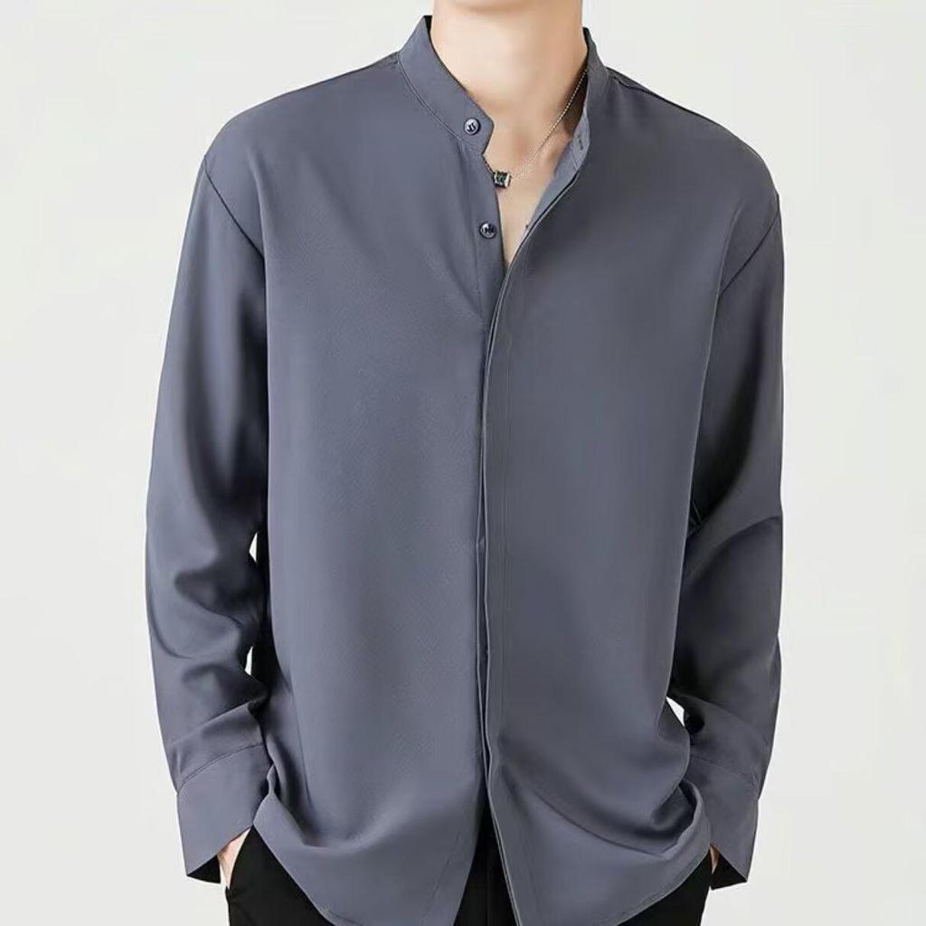 Men's High-End Slim Fit White Shirt with Stand Collar and Hidden Buttons – Long Sleeve Business Attire.