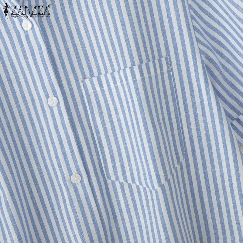 ZANZEA Women Turn Down Collar Summer Short Sleeve Stripe Blouse