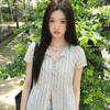 Summer New French Pure Lace-up Striped Short-sleeved Shirt Women's Design Loose and Thin Top