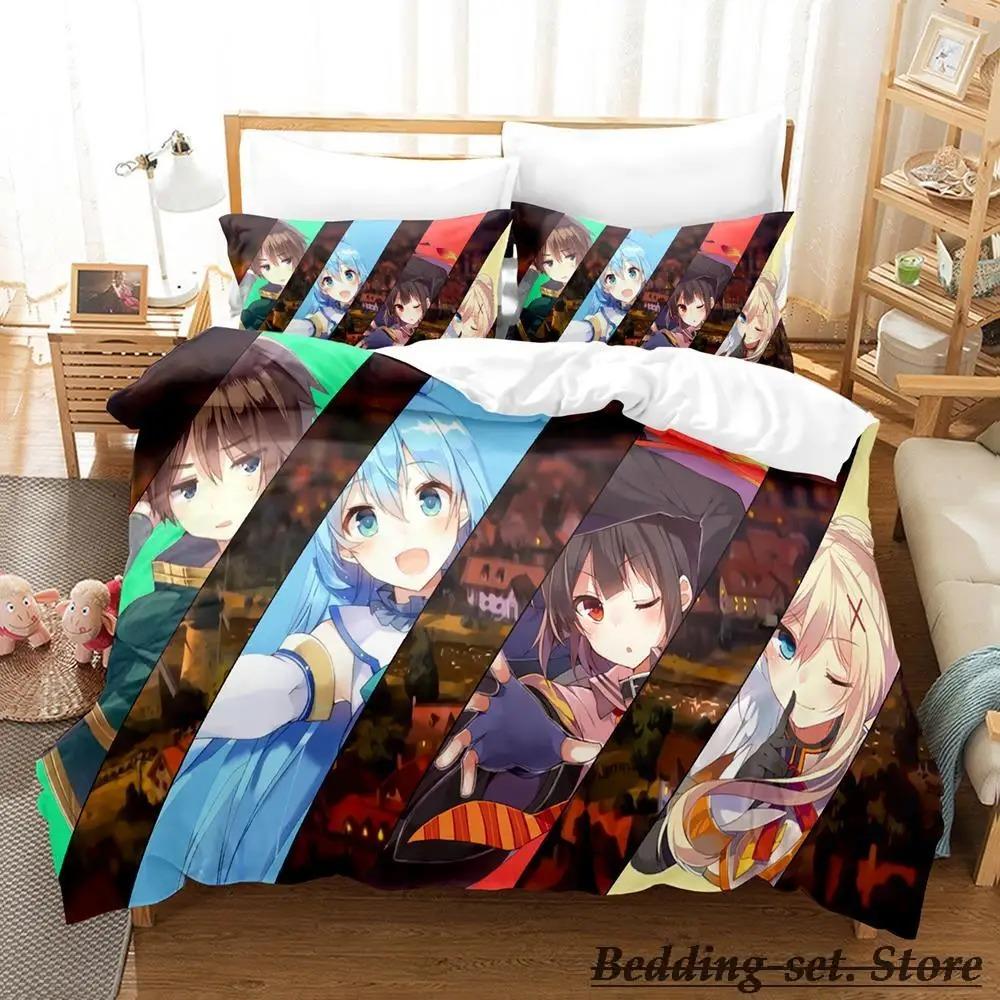 KonoSuba Bedding Set Cartoon Anime Three-piece Set Adult Kid Bedroom Duvetcover Sets 3D Kawaii Girls Lit 2 Personnes