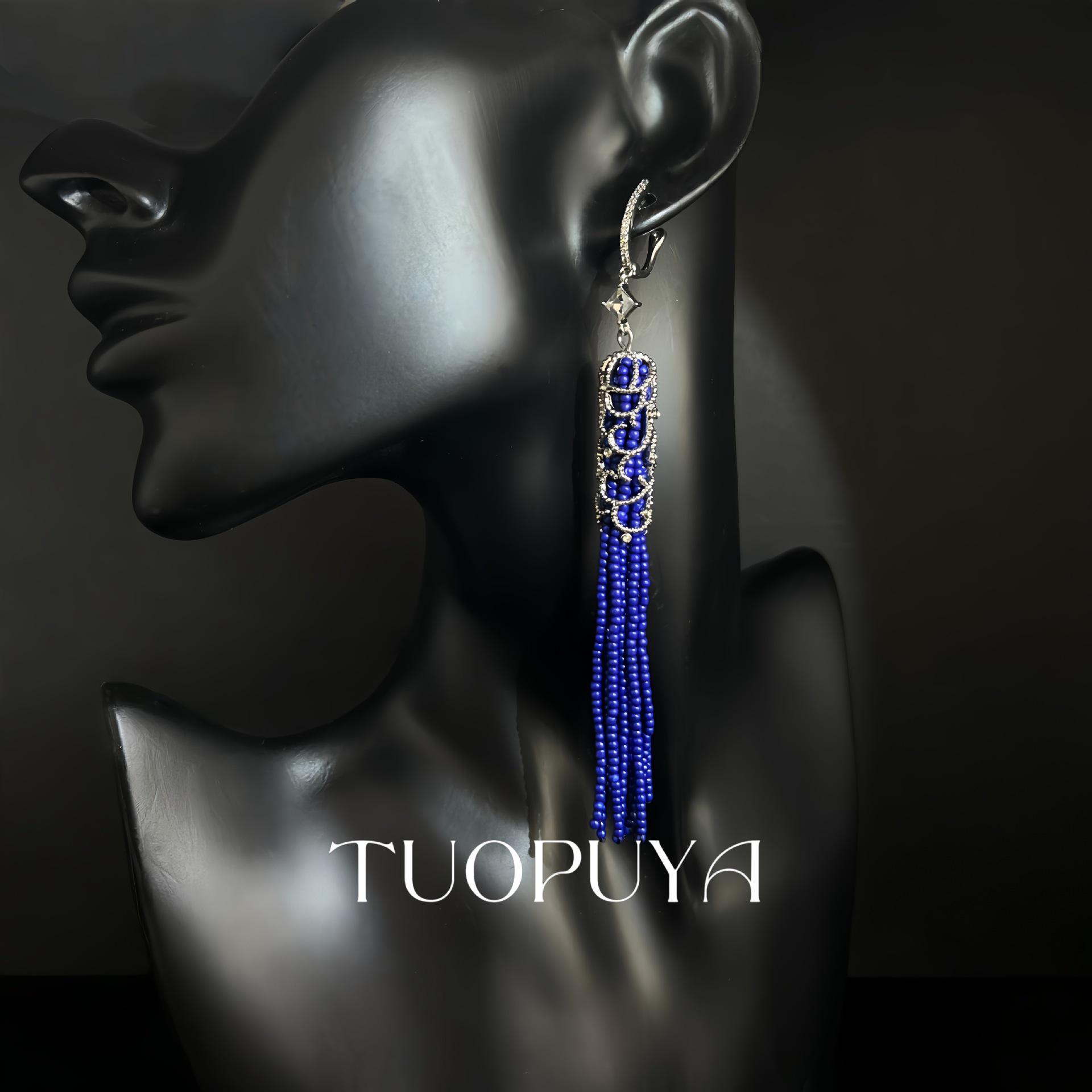 Elegant Blue Tassel Earrings with Rhinestones: Shoulder Duster Style