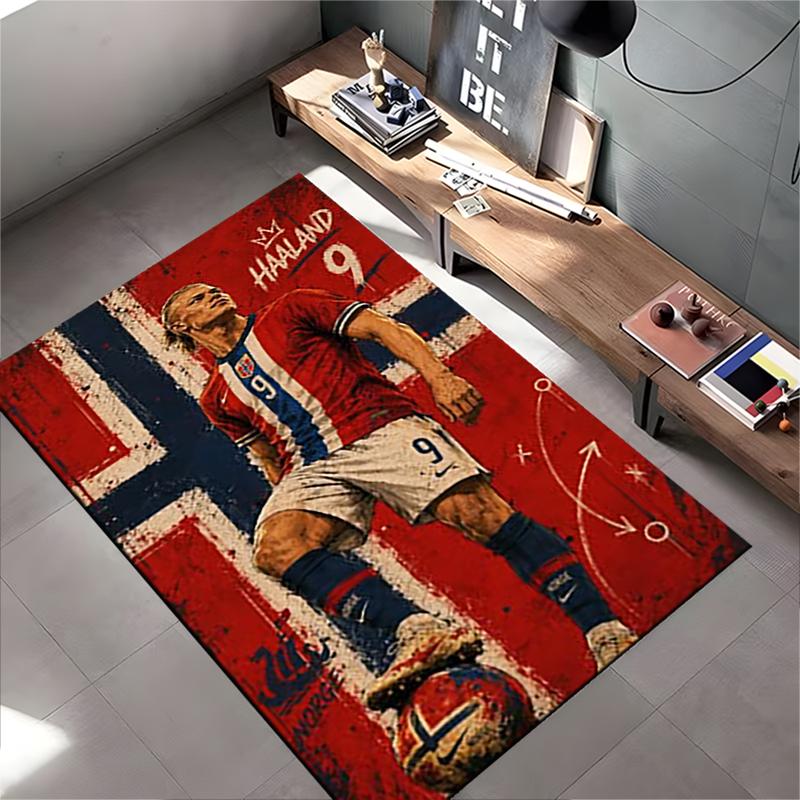 Sports Area Rug, Erling Haaland Norway 9 Flag Vintage Grunge Poster, Fan Cave Decor, Non-Slip Mat