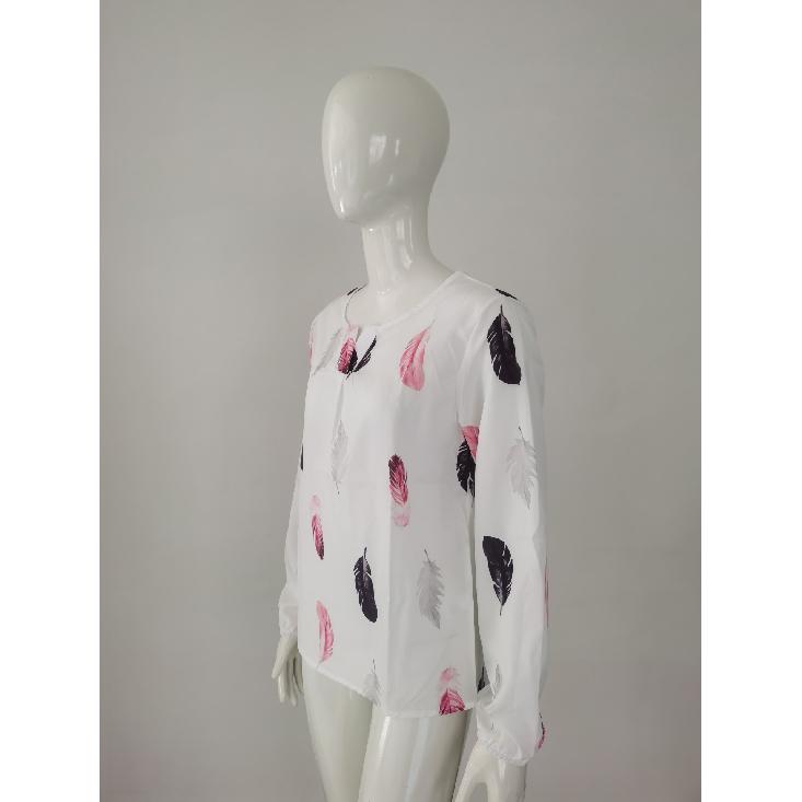 2026 Spring New V-neck Feather Print Long Sleeve Loose T-shirt for Women