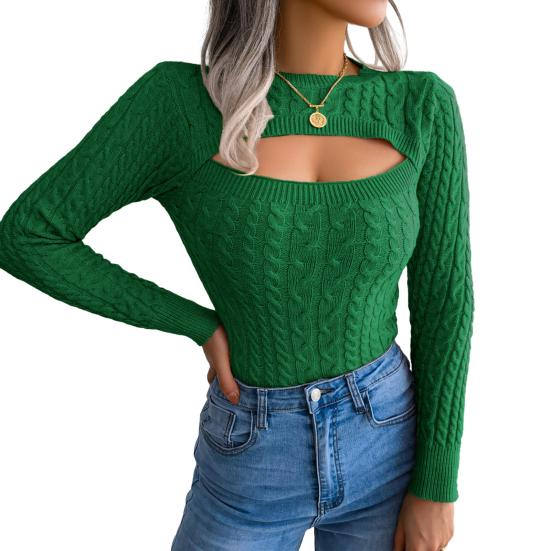

Женский свитер с круглым вырезом, длинными рукавами, полым дизайном на груди, вязаный топ с текстурой «косичка», однотонный, приталенный трикотаж S зелёный