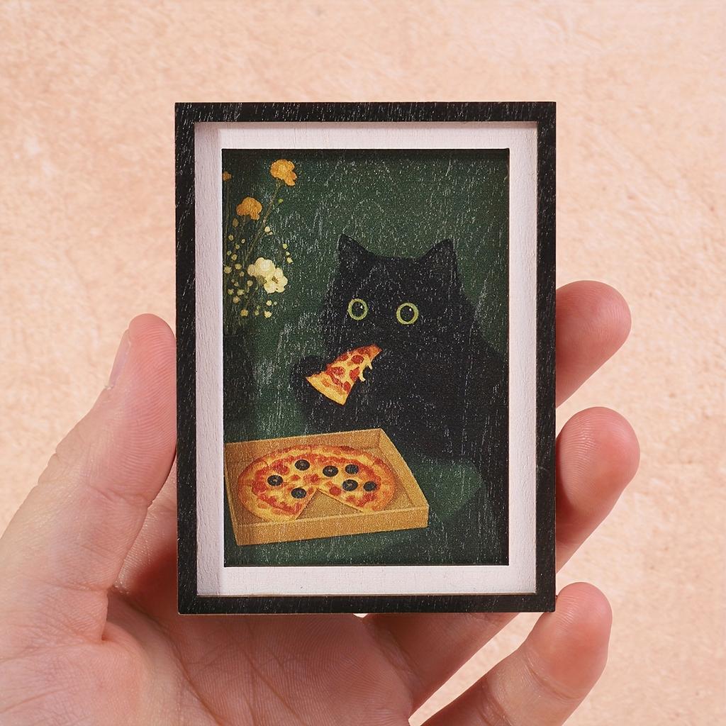 Black Cat Pizza Mini Frame Fridge Magnet Vintage Black Cat Photo Frame Art Refrigerator Fun Home Decor Exquisite Holiday Gift