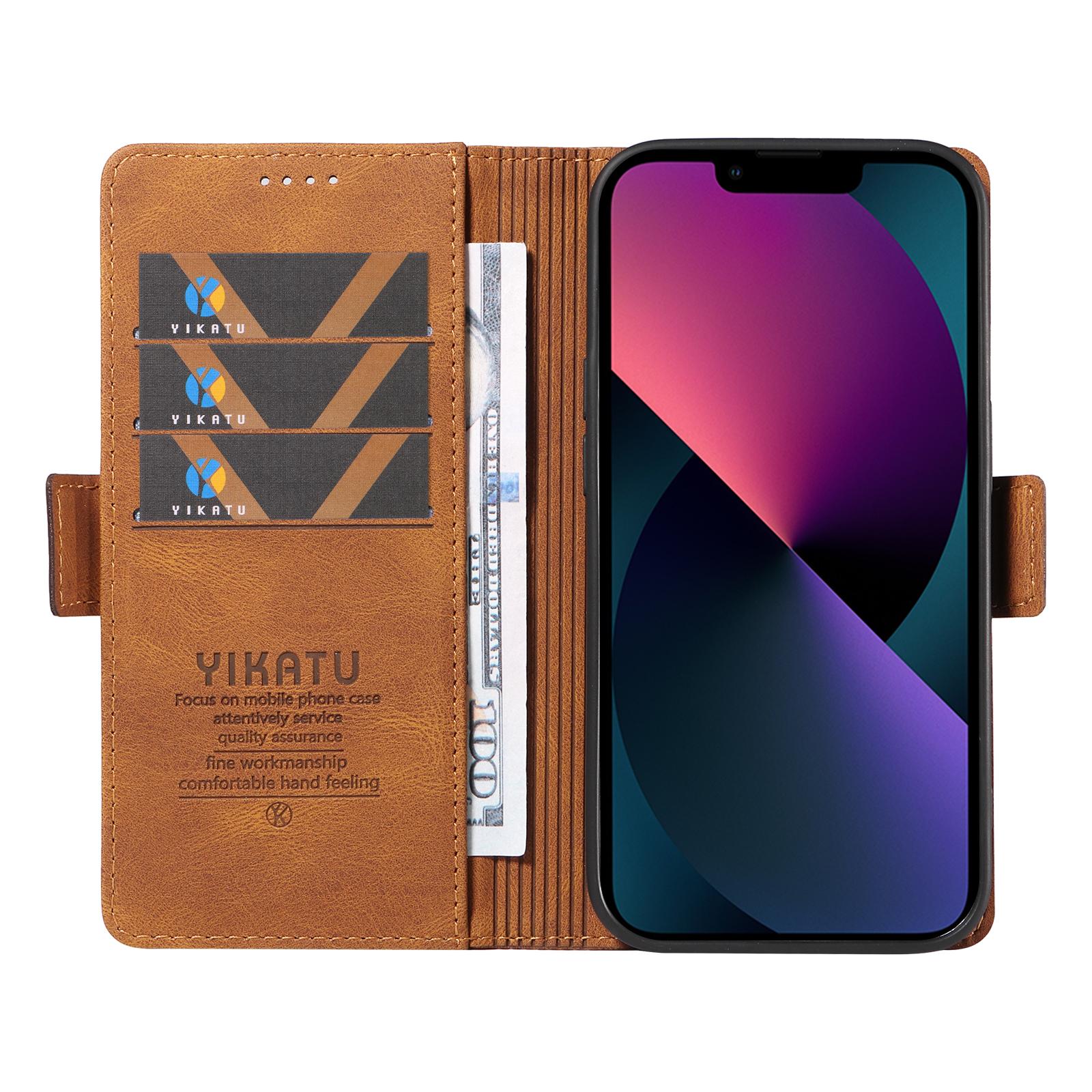 

YIKATU YK-005 For iPhone 15 Skin-touch PU Leather Phone Case Shockproof Wallet Stand Cover Brown