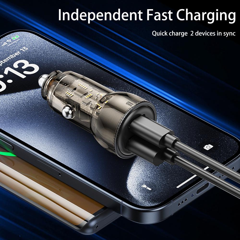 Transparent Mini Car Charger for Samsung: Dual Port Super Fast PD+QC Mobile Phone Flash Charging