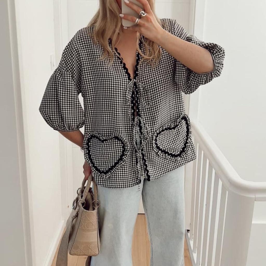 Cămașă casual în carouri cu mânecă scurtă pentru femei Topuri cu design cu bretele largi, cu buzunar în formă de inimă