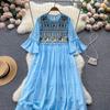RUGOD French Retro Ethnic Embroidered Round Neck Flared Sleeve Dress Women's Loose Temperament All-match A-line Long Dress