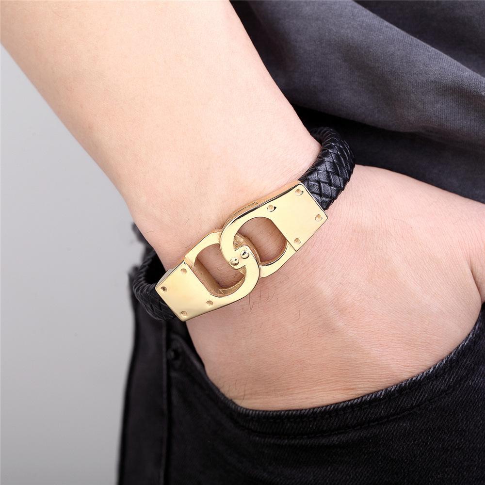 Hot Selling Punk Rock Men s Bracelet Stainless Steel Handcuffs Shape Leather Bracelet 19cm золотой