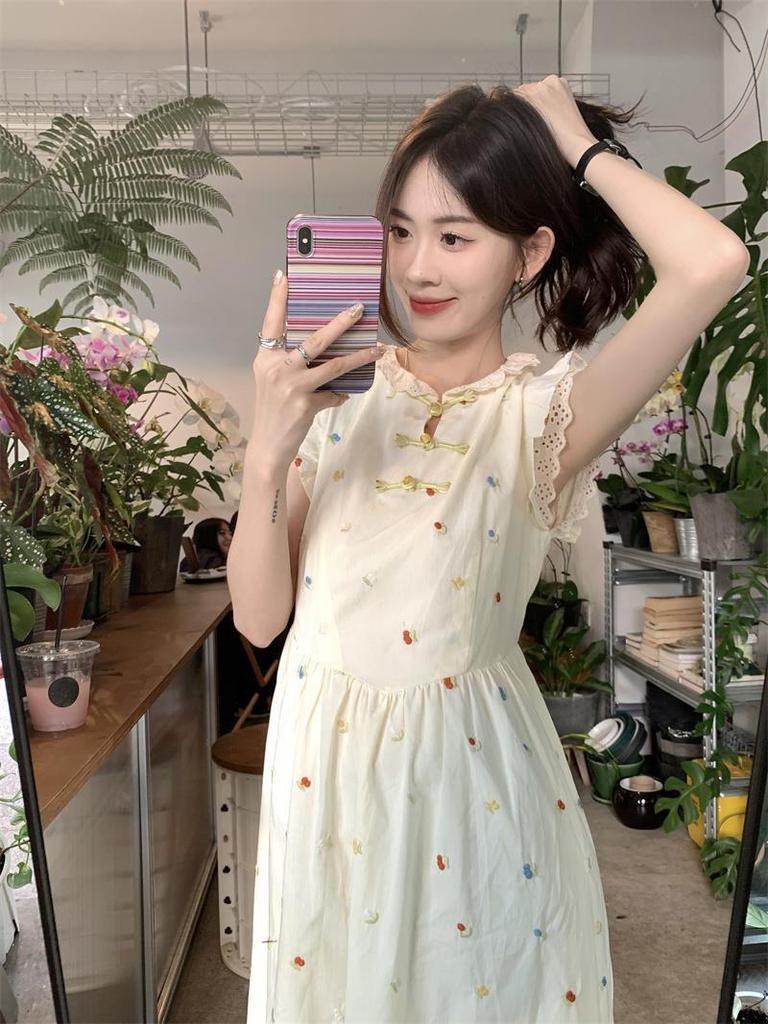 Sweet floral disc button dress women's summer new waist thin medium and long design vest skirt