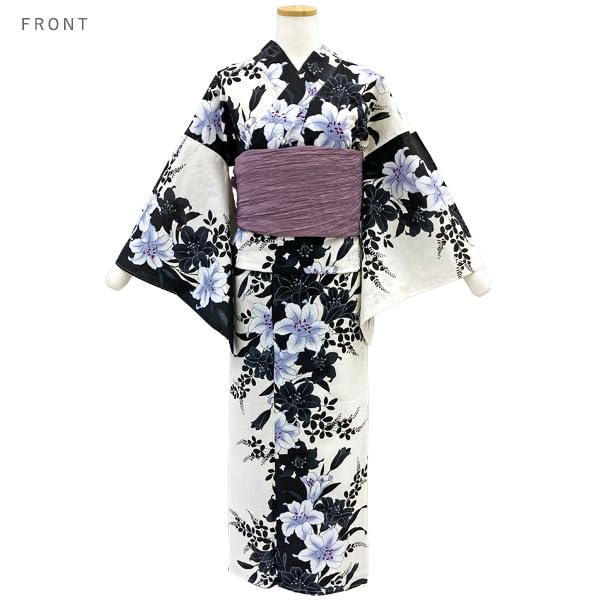 Kyoto Kimono Yuzen Damen Yukata, Einteilig, Modern Retro Baumwolle Sommerkimono, Lilie (Weiß x Schwarz)