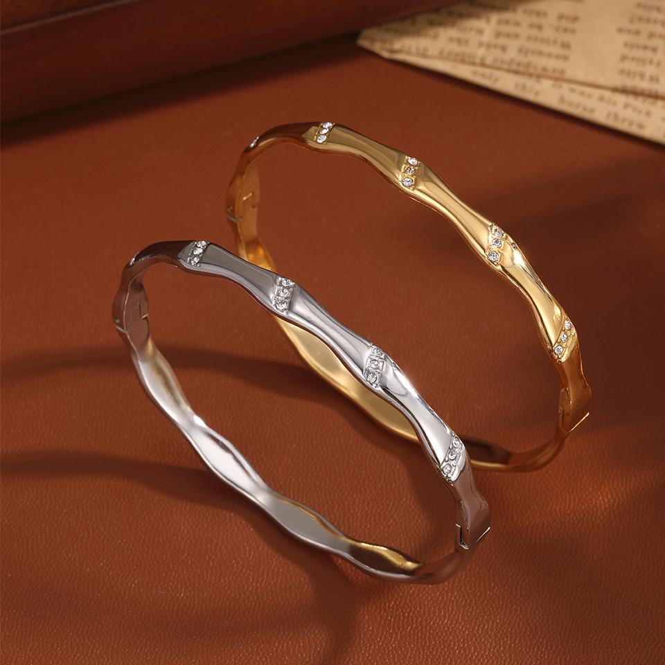 ZAKOL Personalized Bamboo Inlaid Zircon Stainles Steel Bangles Smooth Metal Bracelet Waterproof Zircon for Women