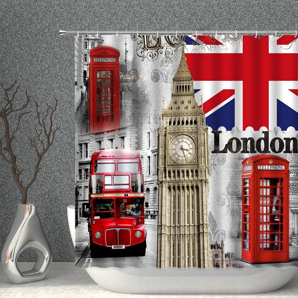 London Big Ben Rote Telefonzelle Retro Badezimmer Duschvorhang Wasserdicht Polyesterstoff Heimdekoration Kunst Badezimmer Vorhänge