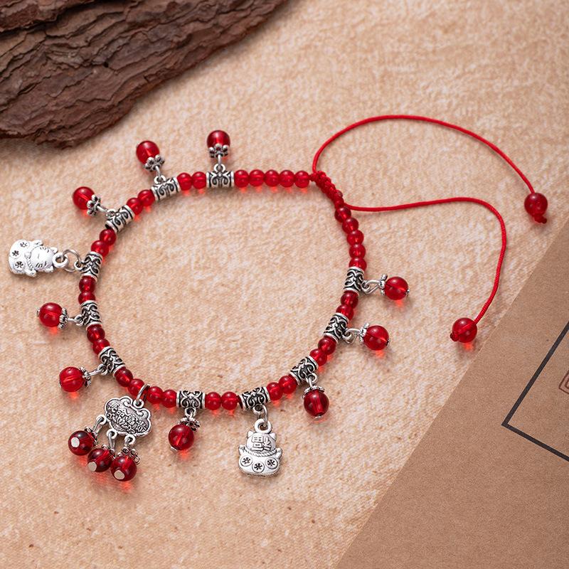 Red String Foot Chain Garnet Foot Accessory Long-life Lock Bell Handcrafted Beaded Accessory