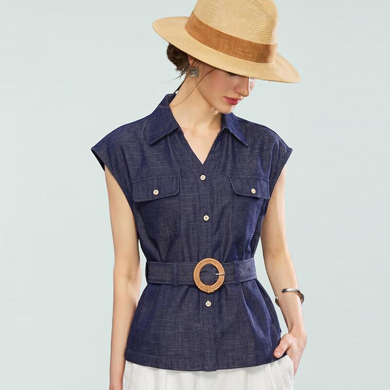 Women s Vintage Tencel Linen Blend Denim Sleeveless Shirt L