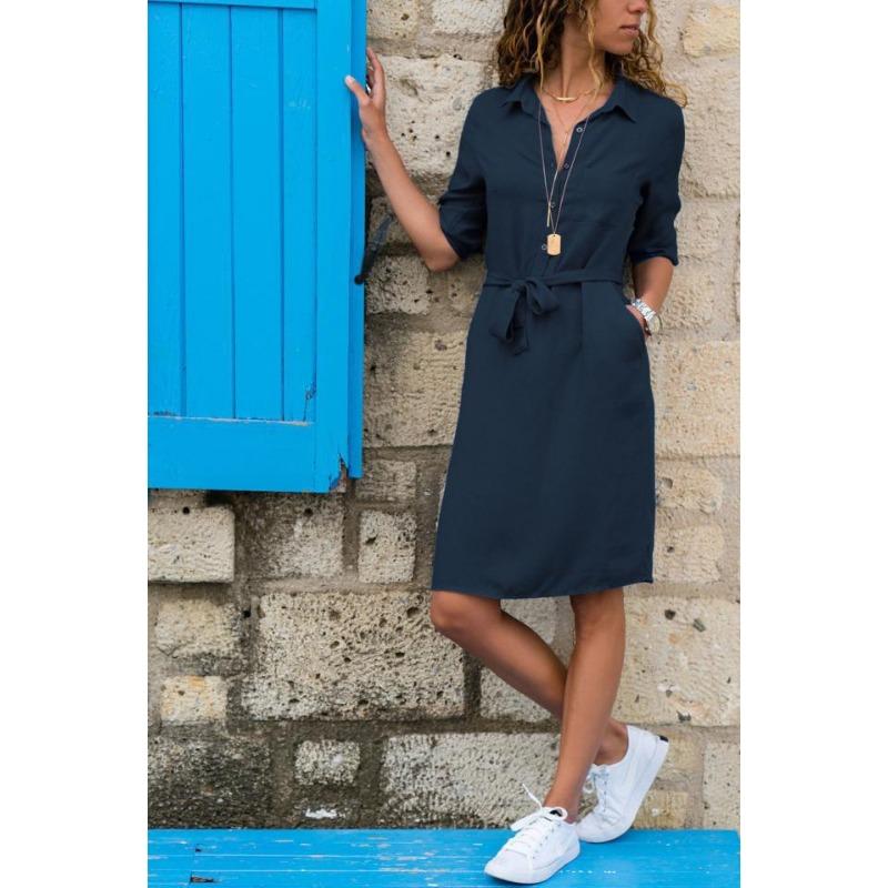 IHUASU Women's Fashion Summer Spring Solid Color Print POLO Neck Long Sleeve Casual Dresses