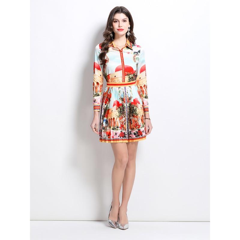 Spring Summer Designer Runway Print Letter 2 Piece Set Women's Lapel Shirt + Mini Short Pleated Skirt Office Lady Suits