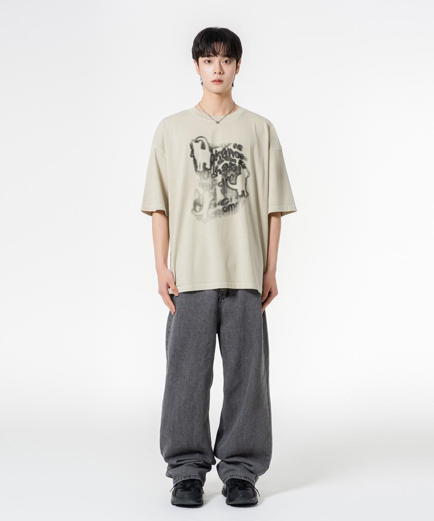 MOZMOZ Lettering Cat Oversized Pigment Short Sleeve T-Shirt Beige