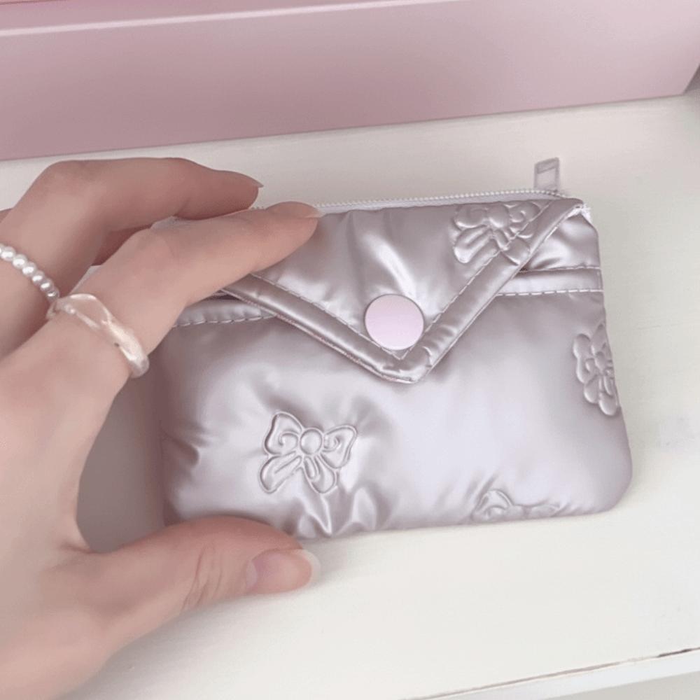 Cotton Material Quilted Wallet 2-Layer Dust-Proof Mini Storage Bag Bow Design Small Zipper Zipper Bag Card Holder