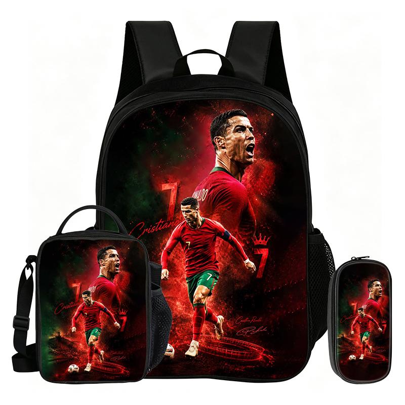 Ronaldo 3Pcs Set School Backpack Football Sport Backpack,Pencil Bags,with Lunch bag,Football Star Bookbag Knapsack