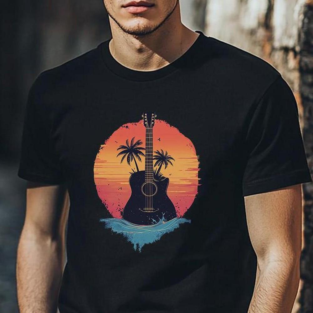 26 Guitar Sunset Shirt, Music Beach T-Shirt with Palm Trees, Summer Motif for M Unisex T-Shirt S