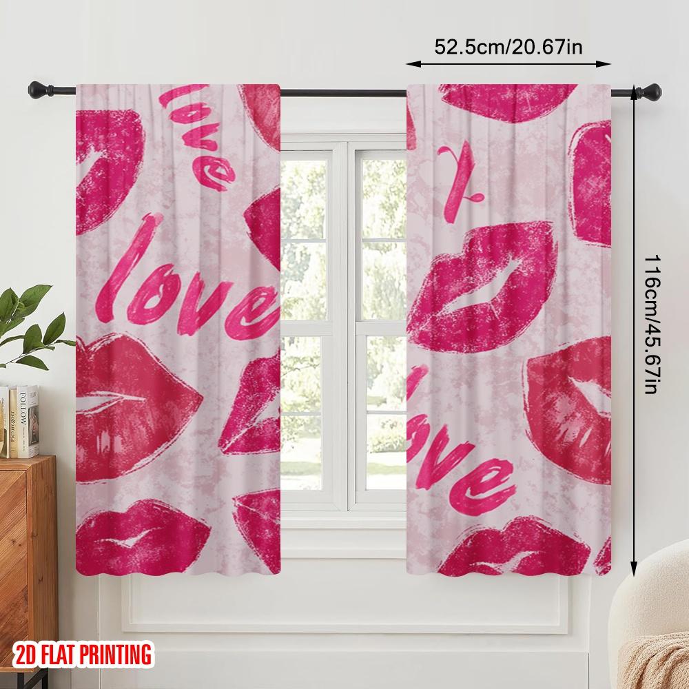 2pcs,2D plane printing Creative Curtains Pink Lips and Hearts Polyester Fabric (without rod) Versatile All Perfect for Bedroom,