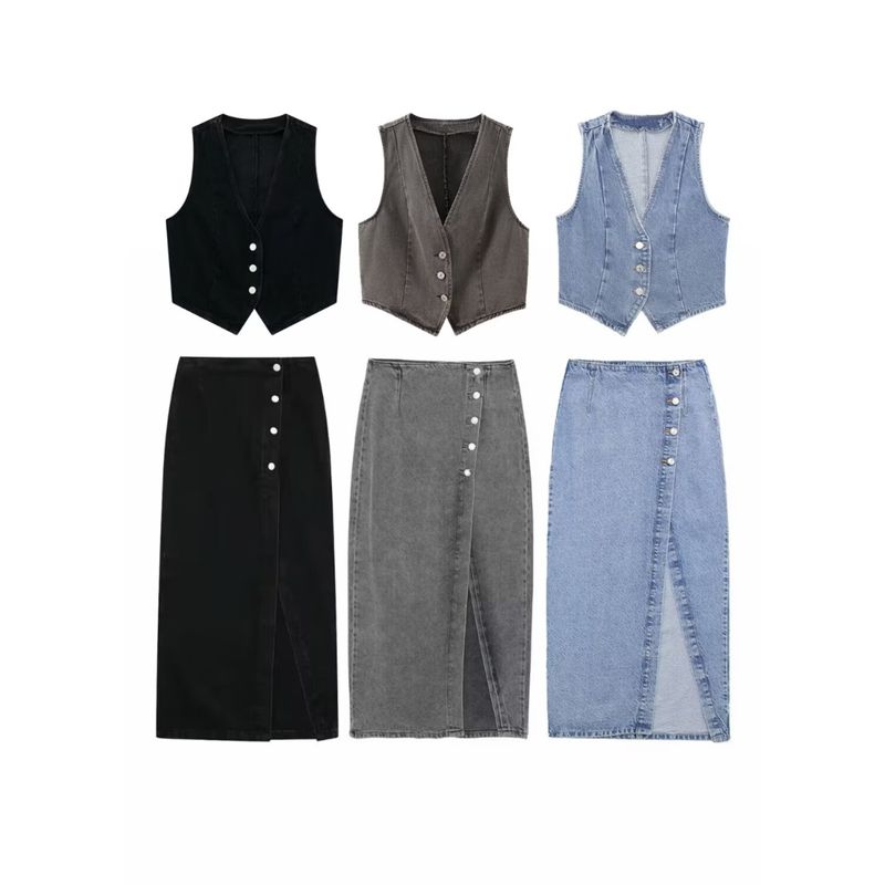 Kaslead New Arrival Women's Clothing Fashion Style Fashion Vest Double Breasted Denim Skirt 6147057 6164219