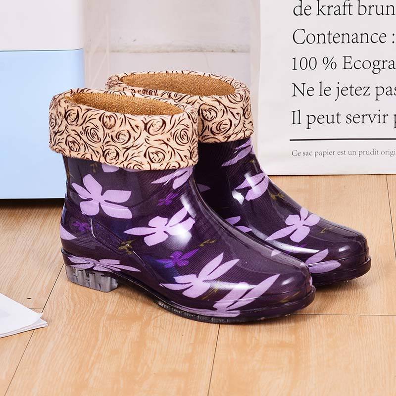 Fashion Rain Shoes Women's Water Shoes Short Tube Velvet Warm Non-slip Rain Boots Water Boots Adult Car Wash Summer