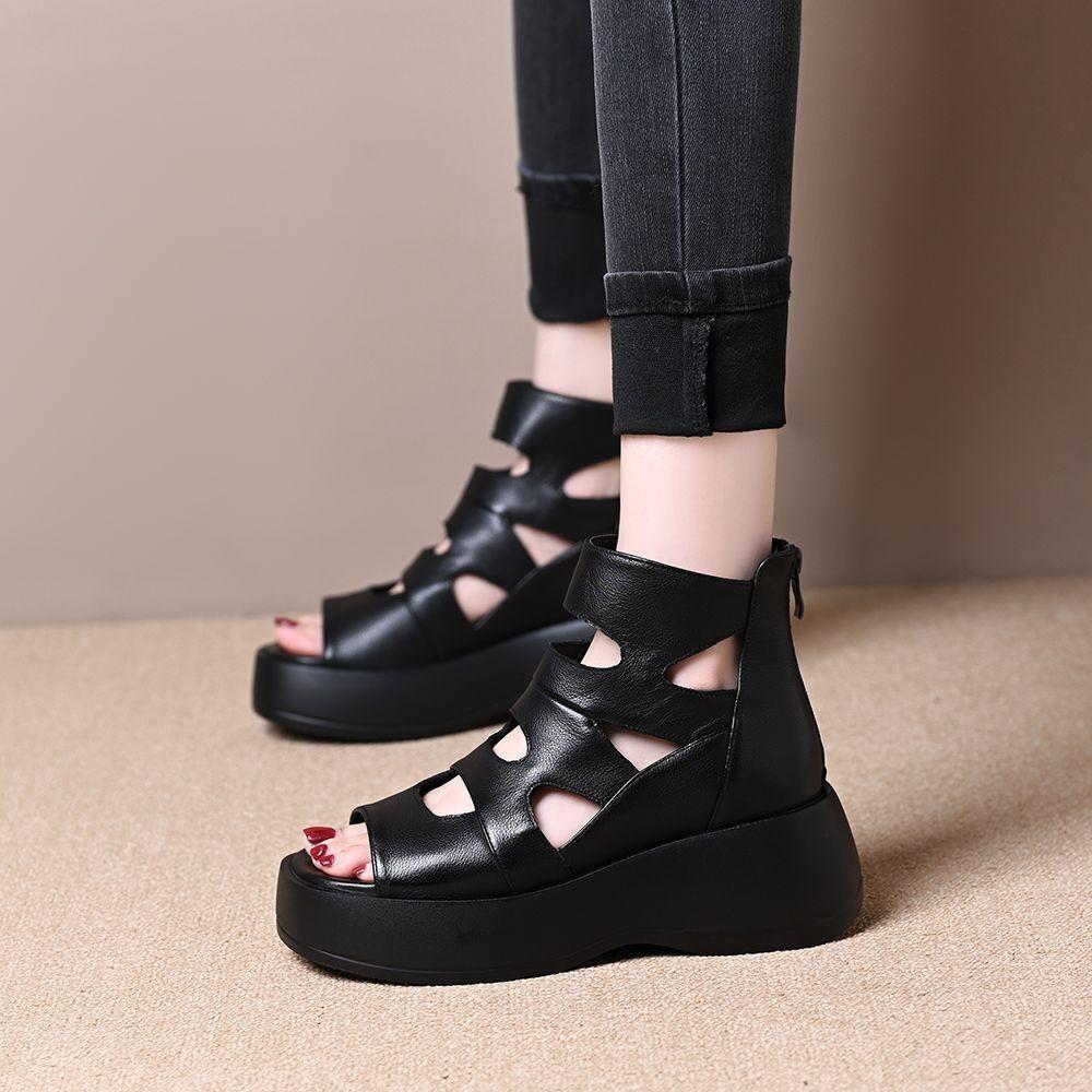 Sandals women's new summer breathable shoes versatile black high heel one-word buckle with platform muffin wedge heel shoes