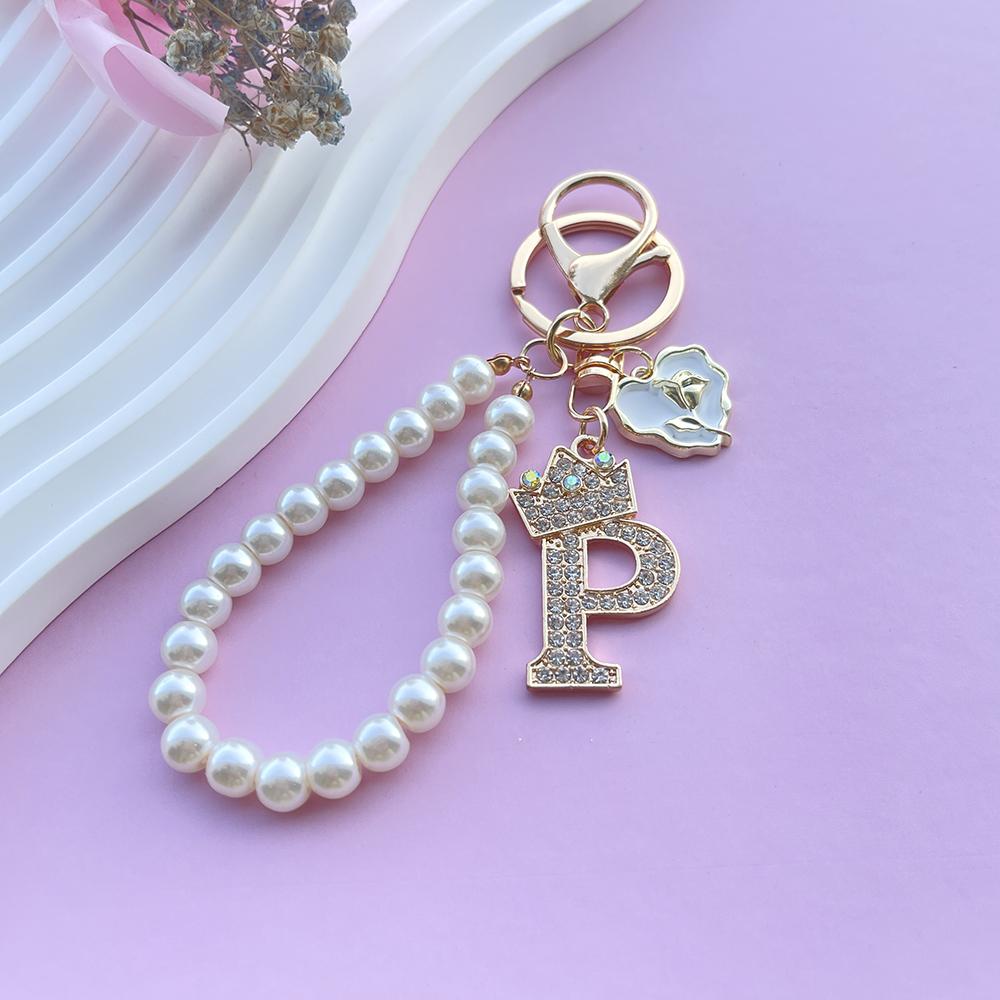 Boutique Crown A-Z 26 Initial Letters Rose Keyring Crystal Faux Pearl Resin Beaded Keychain Bag Pendant Women Girl Gifts Jewelry