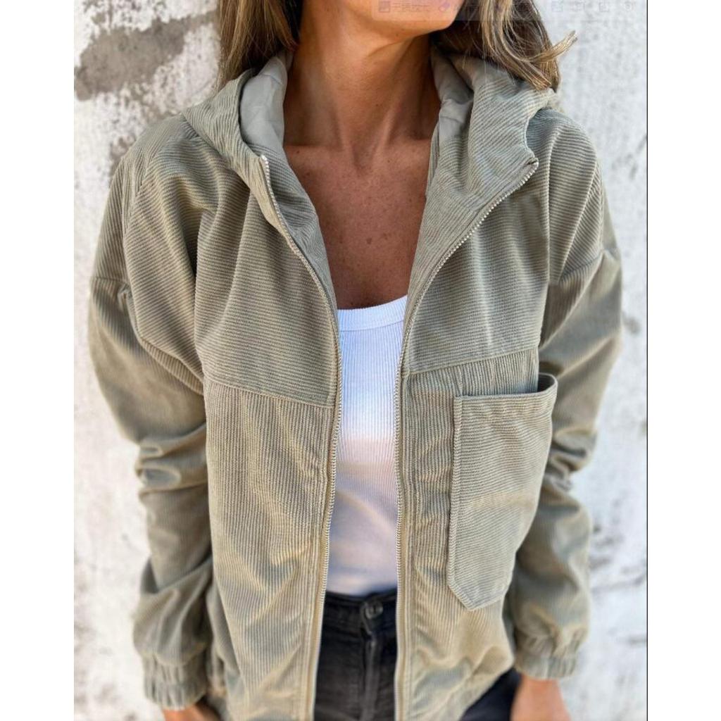 Women's Solid Corduroy Hooded Jacket Autumn New Casual Simple Style Coat For Women