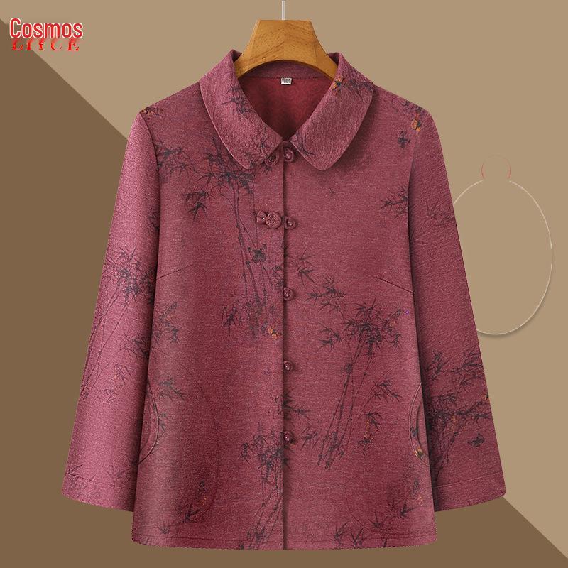 

Модный топ с длинным рукавом от бабушки: Весенне-осенний отложной воротник для женщин среднего и пожилого возраста XL (80-105 jin)