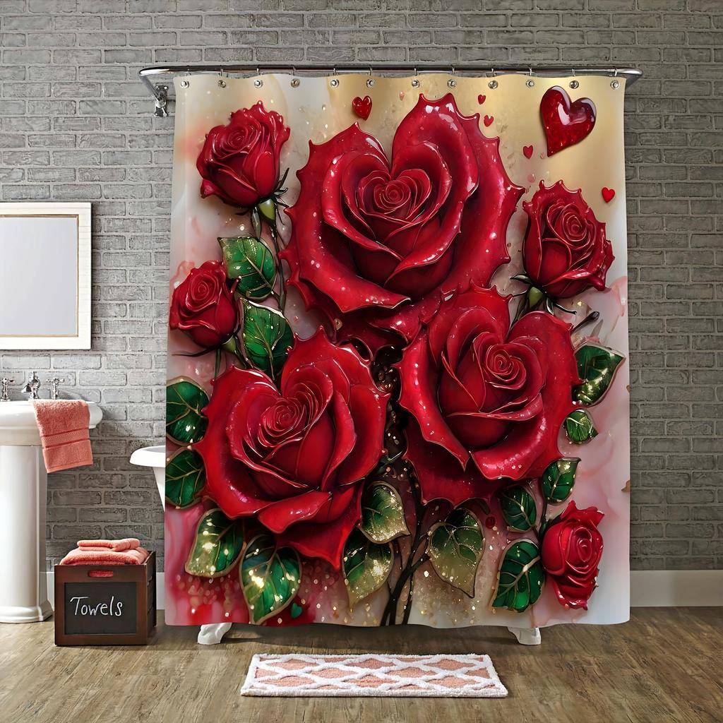 4 Stück Elegante Rote Rose Wasserdichter Duschvorhang mit 12 Haken Rutschfester Badteppich WC U-Form Matte WC-Deckelbezug Pad