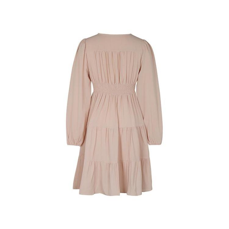 Summer Women Long Sleeve V Neck High Waist A Line Pleated Solid Long Dress