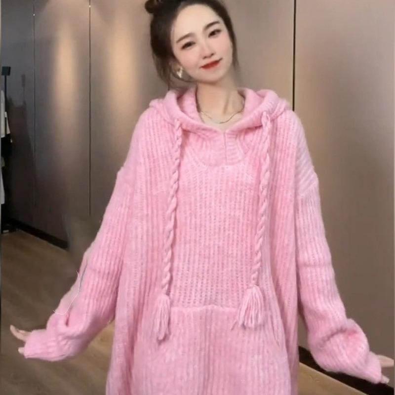 Korean Style Knitted Hoodies Women Spring Autumn Long Sleeves Hooded Sweater Coats Fashion Sweet All-matched Hoodies