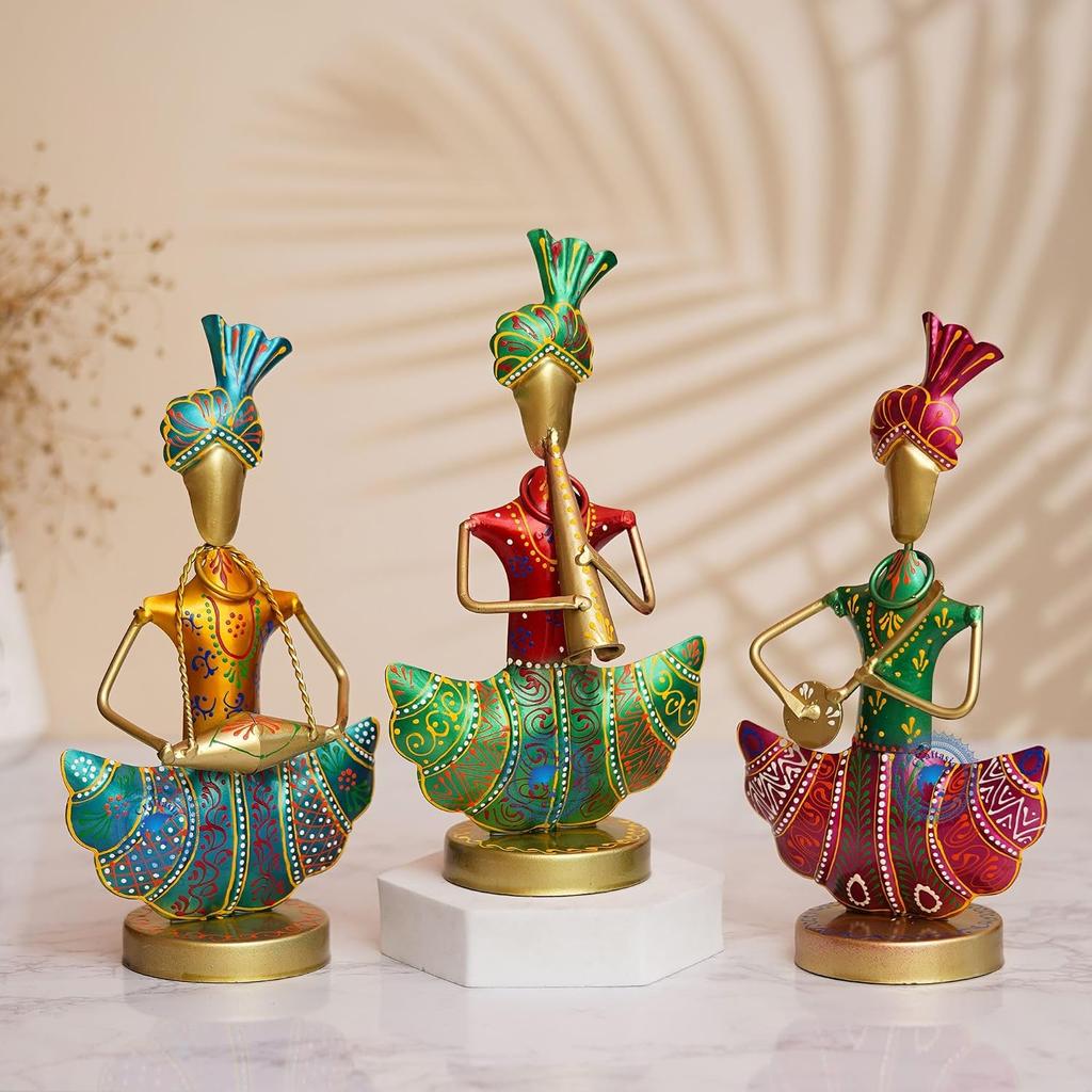 Metal Rajasthani Musicians Showpiece, 3 Male Musicians Items - Multicolor