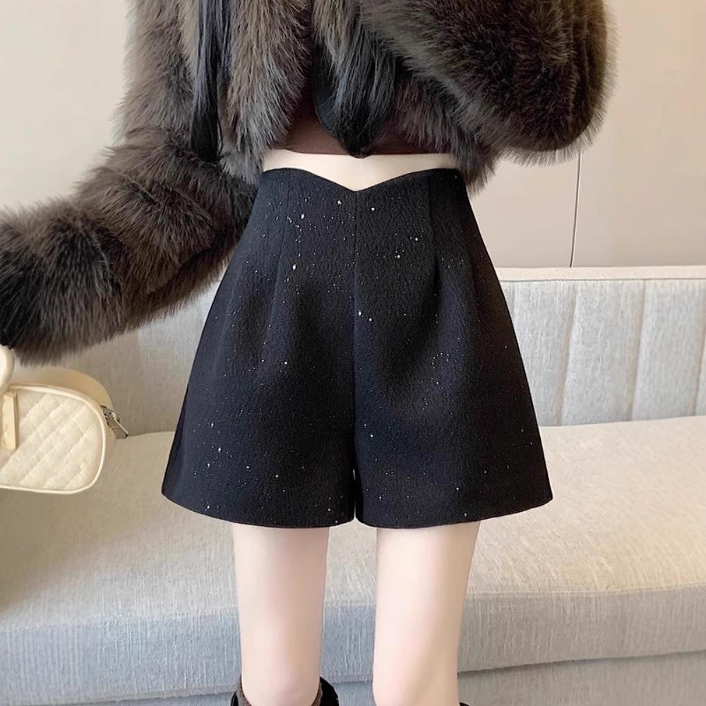2024 A/W Woolen Sequin High Waist A-line Shorts: Women's Glitter Booty Shorts, Hot Girl Style, Wide Leg