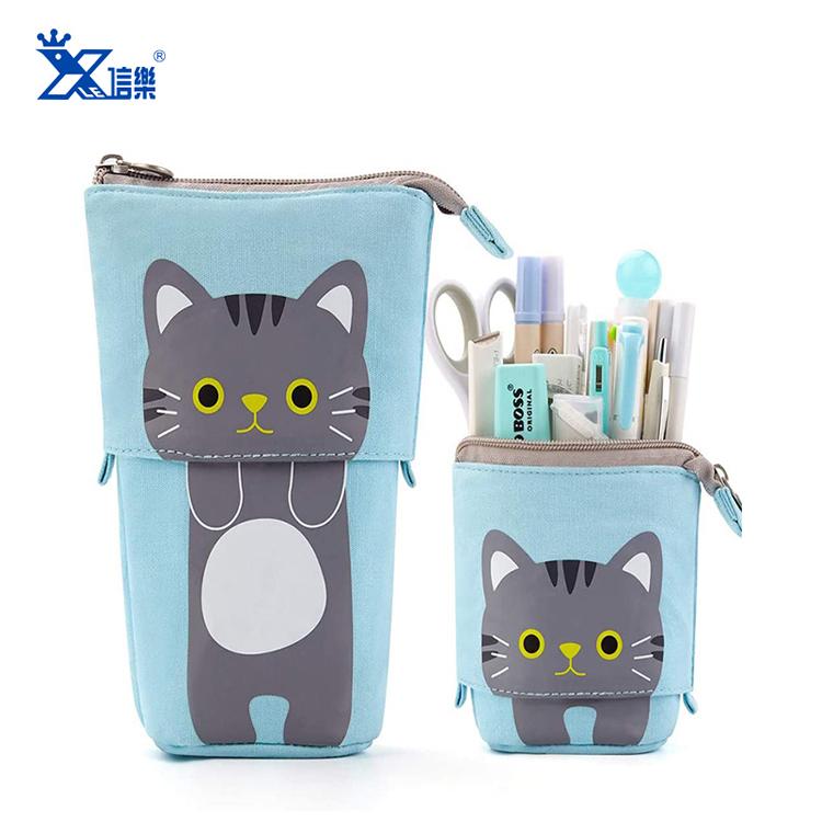 Hot Bulk Sales Zipper Estuches Escolares Cute Cartoon Cat Pen Pouch Telescopic Fancy Stationery Bag Standing Up Kids Pencil Case