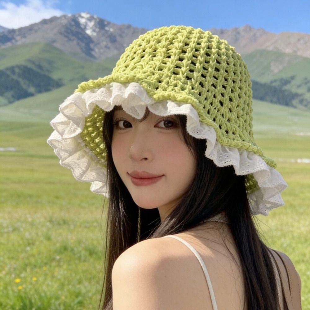 New Lace Fisherman Hat Wide Brim Breathable Woven Hat Knitted Elegant Sunshade Hat Summer Sun Cap Elegant