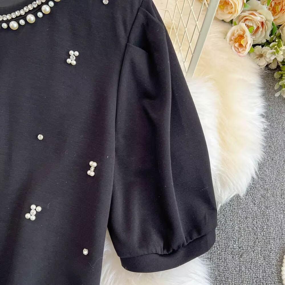 Summer Women Luxury Beading Pearl Black Half Sleeve Mini Short Straight Casual Dresses