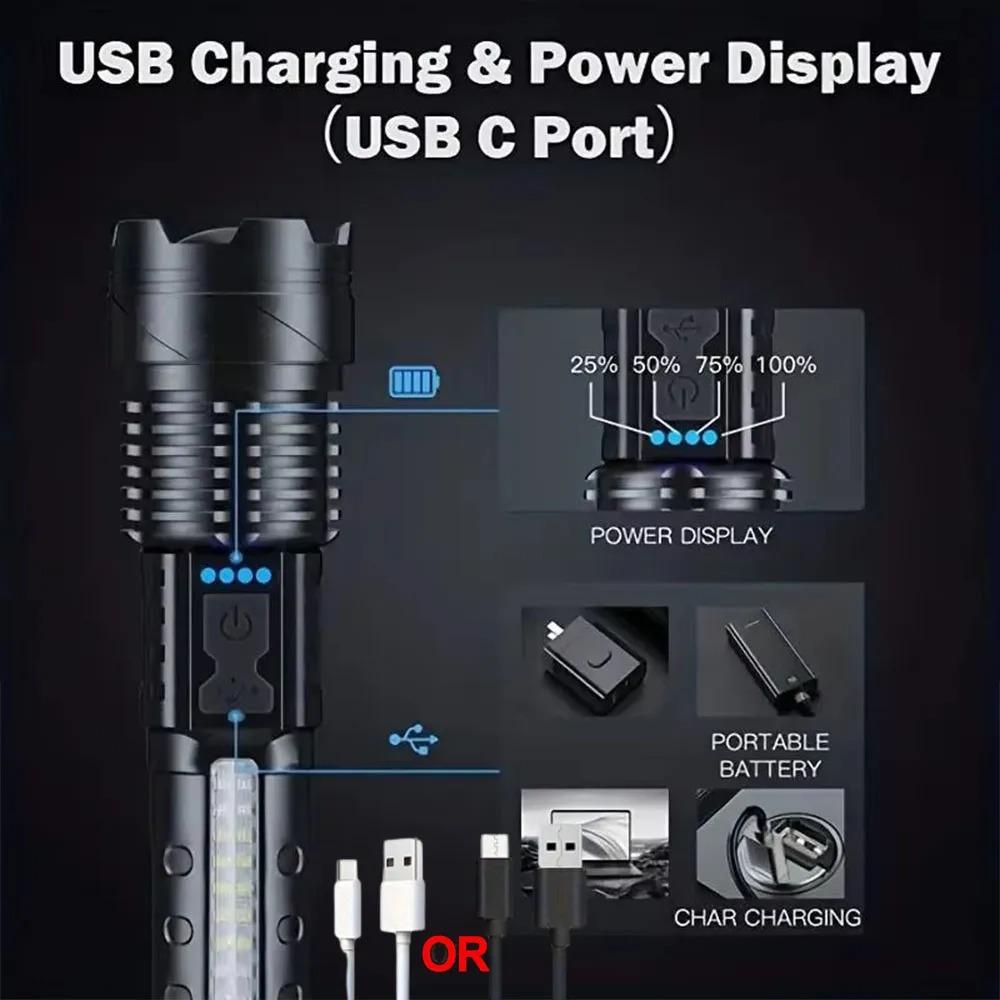 9000LM Powerful P50 LED Flashlight Waterproof 18650 Torch With Side Light Camping Fishing Lantern USB Rechargeable Zoom Lamp