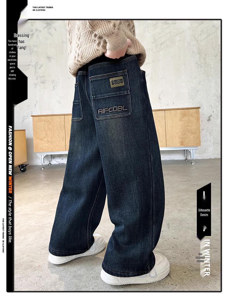 2025 Blugi pentru Băieți Mărimi Mari cu Căptușeală Fleece cu Croială Dreaptă pentru Adolescenți Supraponderali – Pantaloni Lungi de Primăvară și Toamnă Pantaloni la Modă