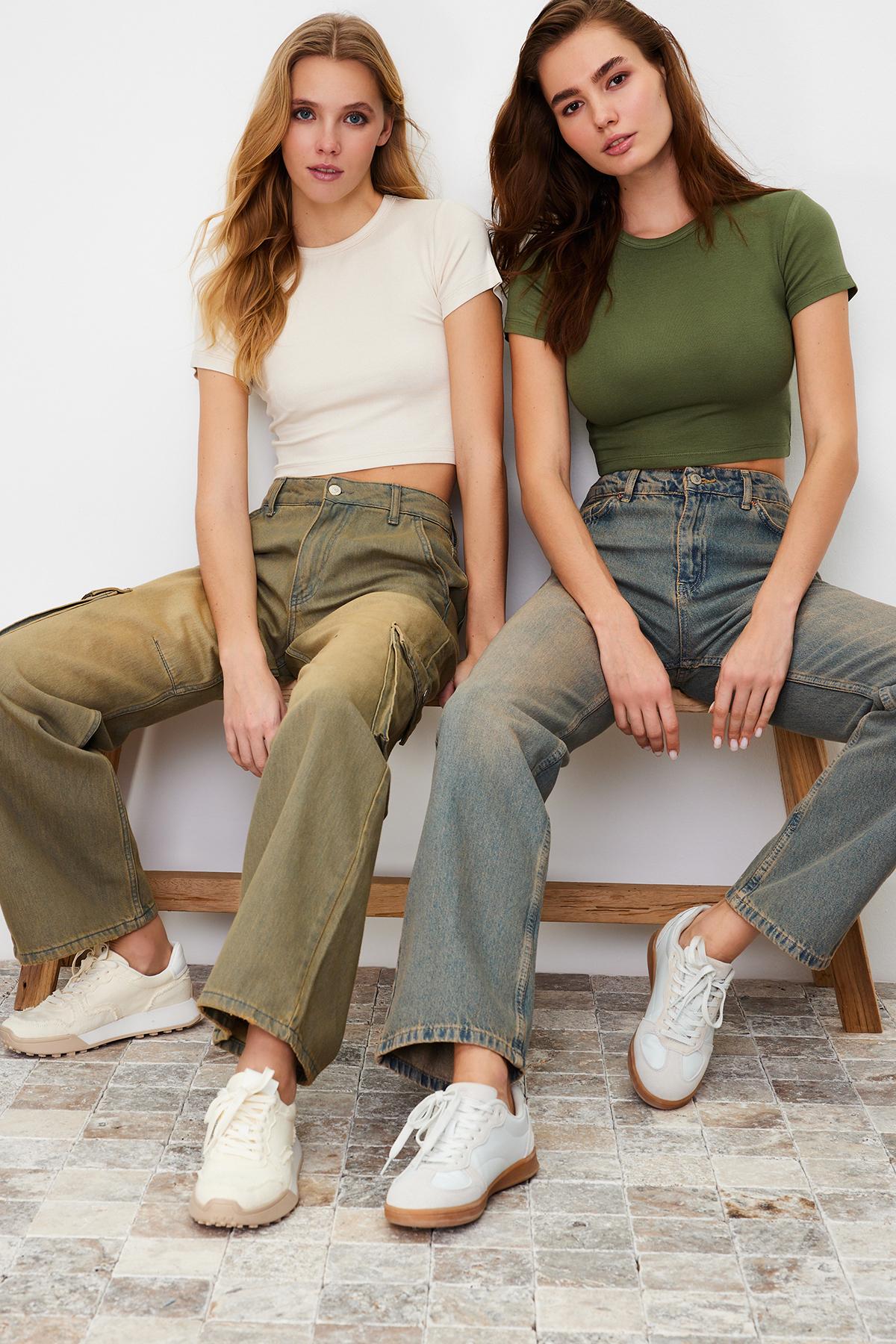 

Женская модная блузка с круглым вырезом, короткая премиум-класса цвета хаки, светлый камень, 2 шт.. Укороченная блузка из вискозной эластичной трикотажной блузки Package