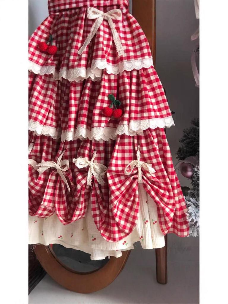 2025 Autumn/Winter Cherry Patchwork Lace Midi Skirt with Multi-Layered Ruffles for Women