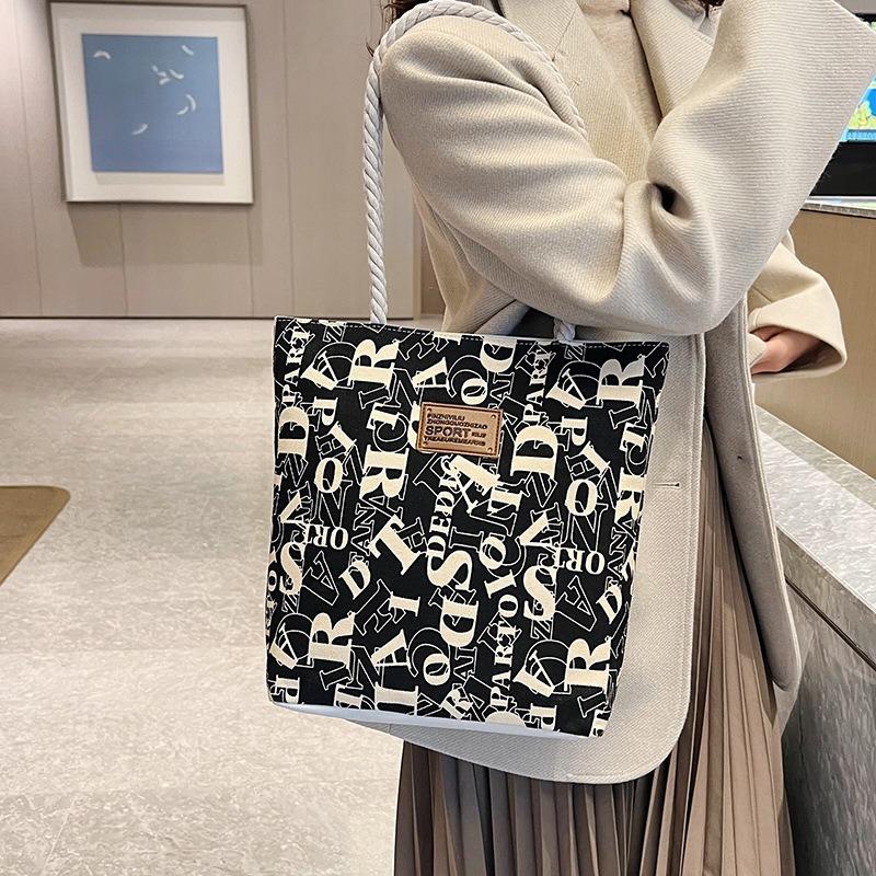 Stylish Large Canvas Tote Bag with Letter Print and Rope Handles for Work and Commute