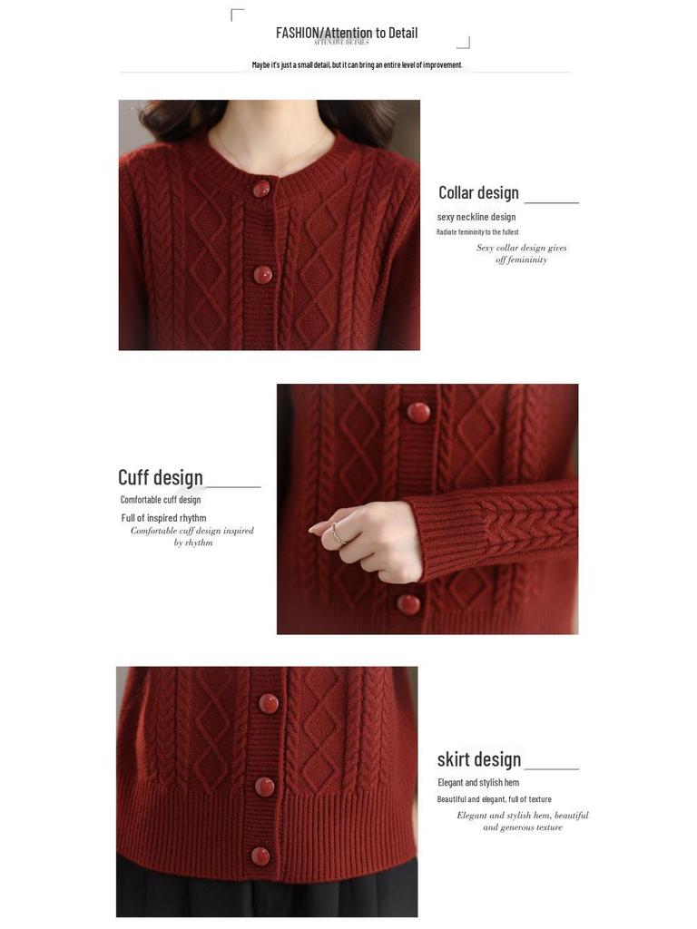 Damski dzianinowy kardigan z rombami i warkoczem – Wiosna/Jesień, Okrągły dekolt, Jednolity kolor, Luźny krój, Długi rękaw, Sweter płaszcz.